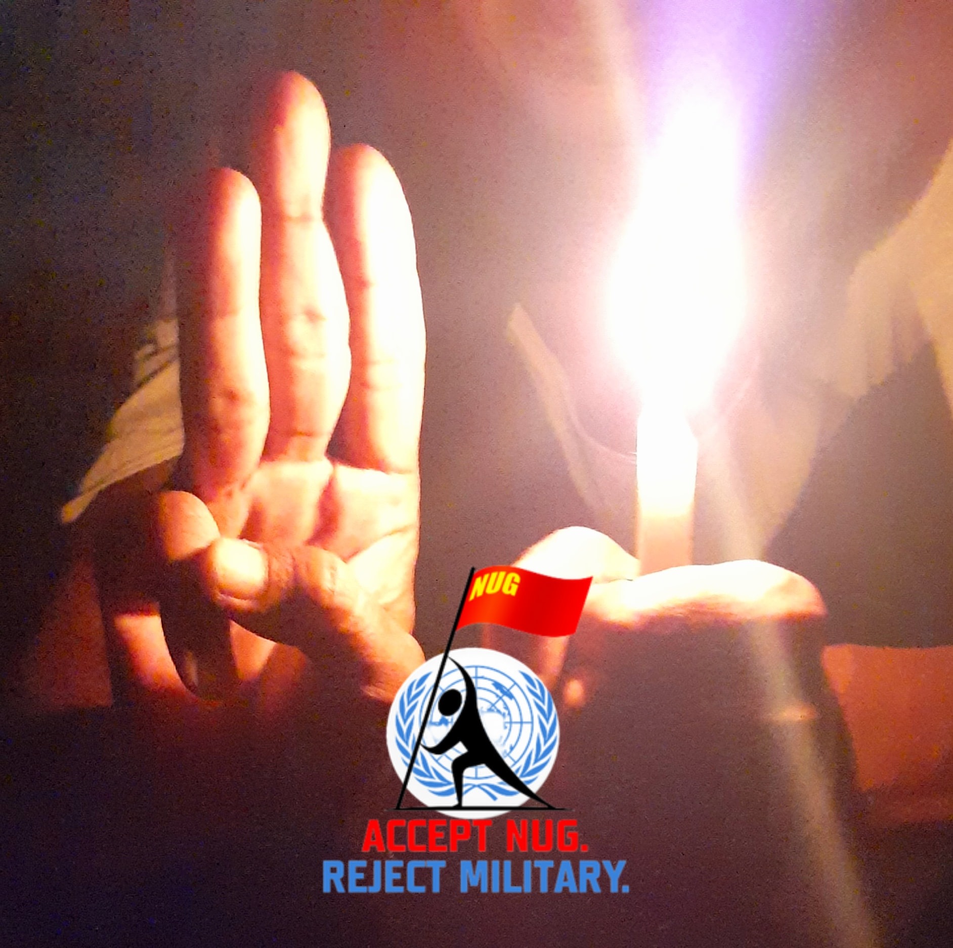 Three-finger salute with candle, Accept NUG Reject Military